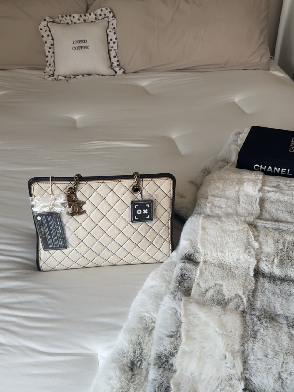 CHANEL Beige Quilted Leather Tote with Dark Trim and Aged Gold Hardware l COA